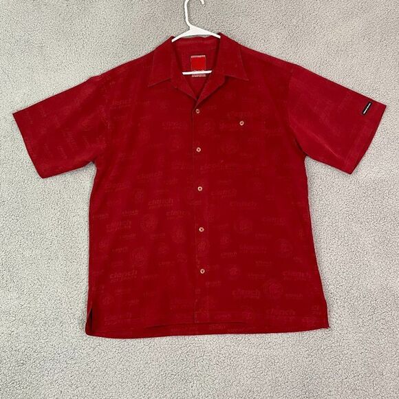 VTG Clench 701 Jeans Shirt Red Casual Y2K Skater Short Sleeve AOP Button Down - Picture 1 of 11